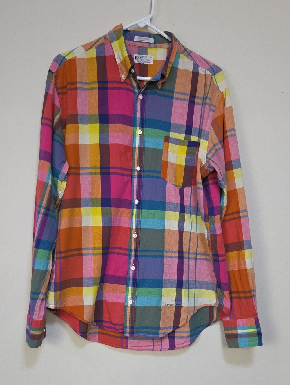 Vtg GANT The Rugger Line E-Z OBD/Sunset Madras Cotton Long Sleeve Button Down